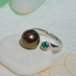 Pinky Ring | Tahitian Pearl Ring | Chocolate Green | Open Ring | 9.4mm | White Gold Plated Sterling Silver | 4 -4.5 US | Small Finger Ring