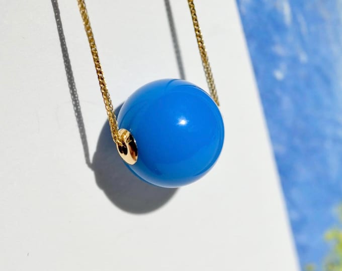 Floating Hubei Turquoise Necklace: Solid 18K Gold Chain, Undyed Cobalt Blue, 13.5mm, Round