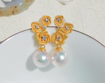 Three Flower Akoya Pearl Earrings | 9.5mm | AAA | White with Pink Overtone | Near Round | Japanese Saltwater Pearl | Gold Plated Silver