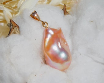 Ultimate Luster Baroque Pearl Pendant | Coral Pink | AAA+ | Metallic | Solid 18K Rose Gold Bail | Freshwater Pearl | Fireball Pearl | Rose