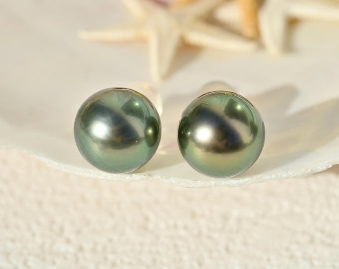 8.9mm Tahitian Pearl Studs: Solid 18K Gold, Dark Green, AAA, Saltwater Pearls