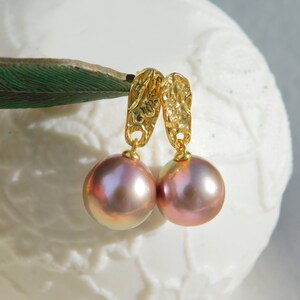 Vermeil Metallic Freshwater Pearl Earrings AAA Mauve Pink Near Round 11.4mm Yellow Gold over Silver Metallic image 2