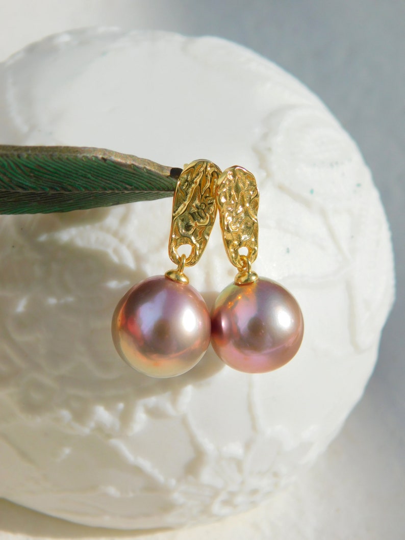 Vermeil Metallic Freshwater Pearl Earrings AAA Mauve Pink Near Round 11.4mm Yellow Gold over Silver Metallic image 2