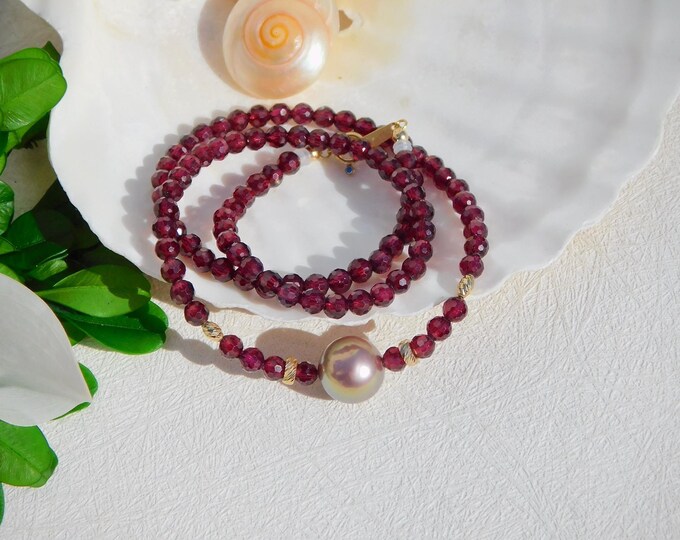 Deep Purple Red Garnet with Freshwater Pearl Necklace | 10.8mm | AAA+ | 16 Inches | Metallic | Grape | Solid 18kt Gold | Mauve Pistachio