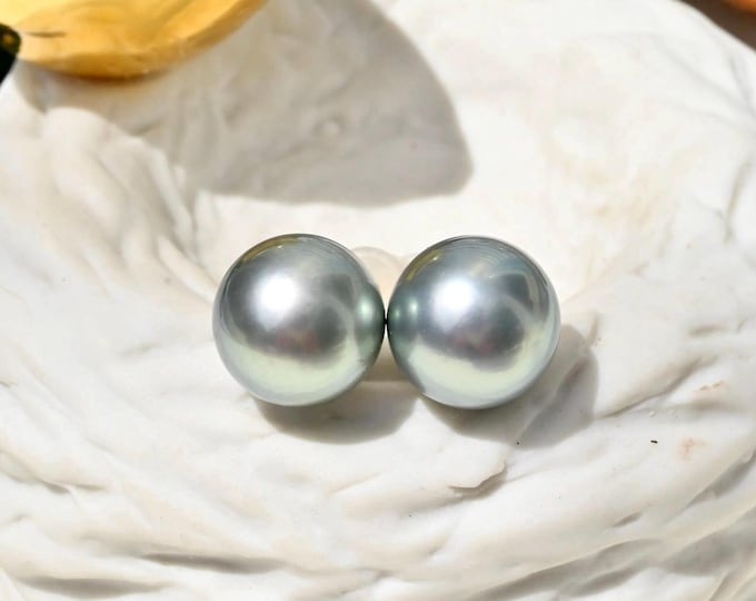 10.6mm Tahitian Pearl Studs: Solid 18K Gold, AAA, Gray Green-blue