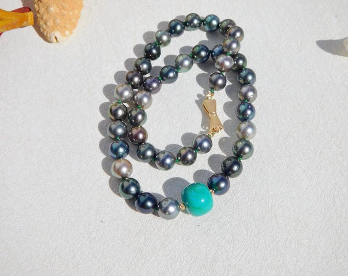 Tahitian Pearl Turquoise Necklace: 16 Inch, 8-8.8mm, Round, AA+, Solid 14k Bow Tie Clasp