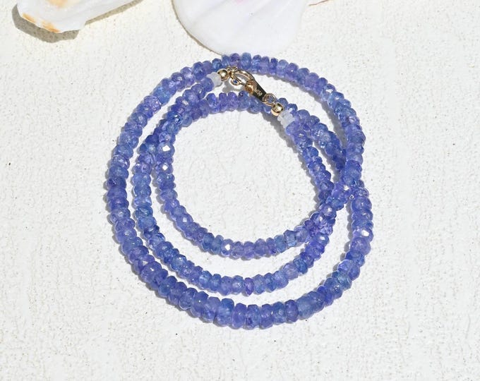 3.5-5.4mm Natural Tanzanite Necklace: Solid 18k Yellow Gold, Faceted Tanzanite Rondelles, 16.75 Inch, Purple Gemstone