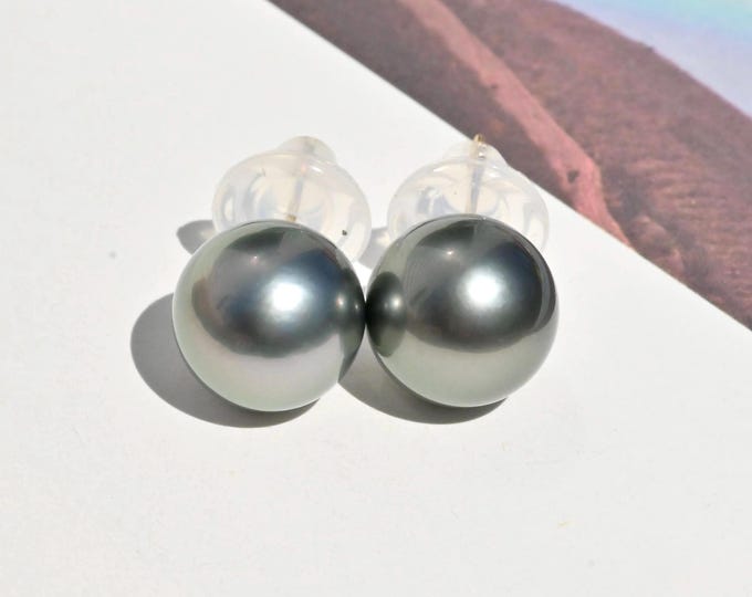11.4mm Tahitian Pearl Studs: Dark Gray Green, Solid 18k Gold, AAA, Round Black Pearls