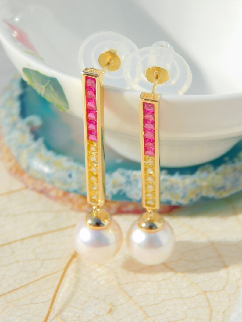 Vermeil Colorful CZ with Japanese Akoya Pearl Earrings AAA 9.2mm Drop Earrings Japanese Saltwater Pearls Hot Pink Yellow image 1