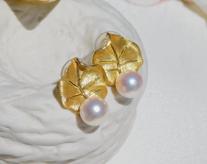 8.5mm Vermeil Leaf Akoya Pearl Earrings | Japanese Akoya Pearls | Gold Plated Silver | Saltwater Pearls | AAA | Texture Leaf | White | Pink
