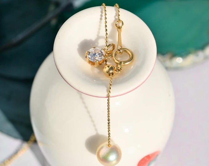 Dainty Gold Necklace: Solid 18K Gold, 6.6mm Cream Akoya Pearl, AAA, Removable Moissanite Charm, Y Necklace