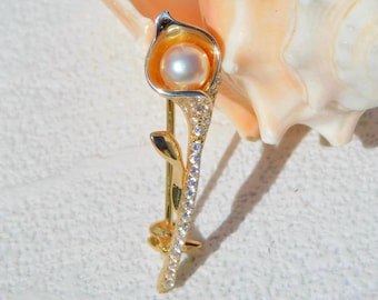 Vermeil Tulip Brooch: Akoya Pearl Flower Pin, Gold Plated Silver