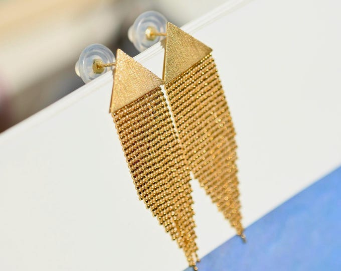 Brushed Triangle Gold Fringe Earrings: Solid 18k Gold Tassel, Beaded Chain, Long Earrings, Au750