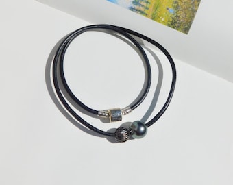 Leather and Tahitian Pearl Necklace | Black Pearl | Hand Carved Black Pearl | 12.3mm | Pearl and Leather |  Unisex | 17.5 Inches | Choker