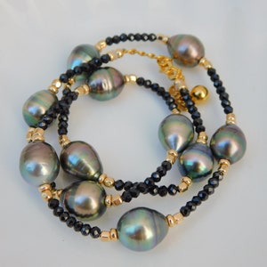 Black Spinel Tahitian Pearl Necklace Tin Cup Gold Filled Multi-color Tahitian Pearls Gemstone and Pearl Adjustable 18'' to 20'' image 9