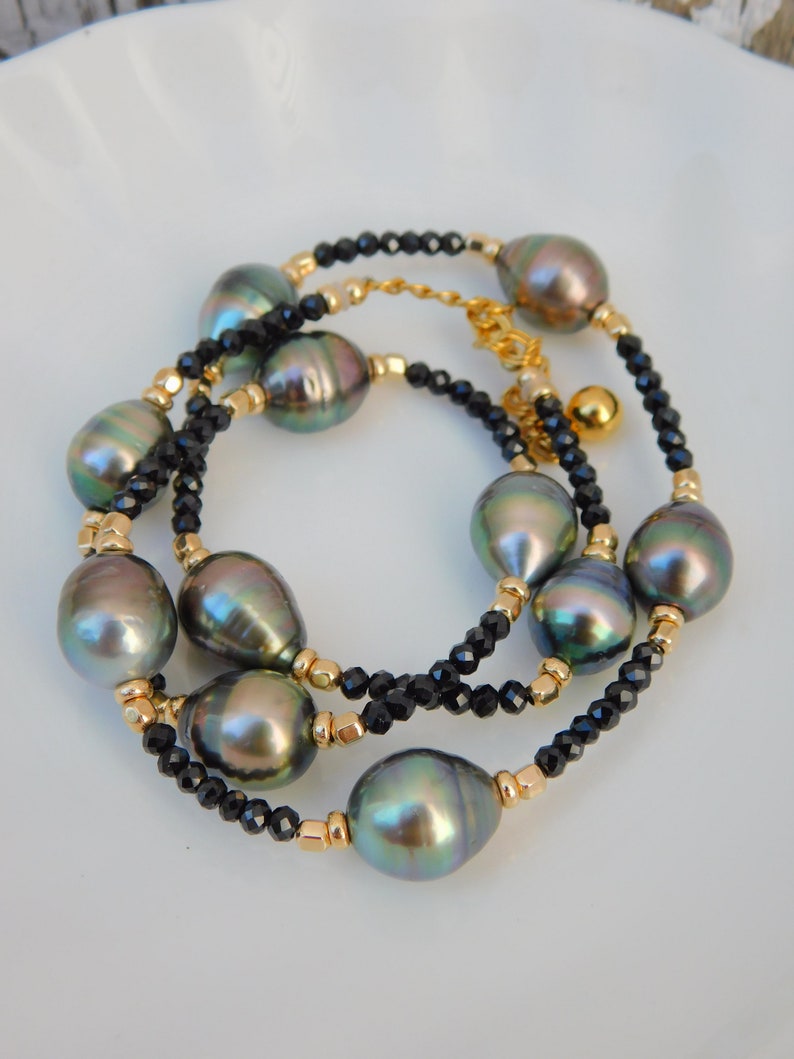 Black Spinel Tahitian Pearl Necklace Tin Cup Gold Filled Multi-color Tahitian Pearls Gemstone and Pearl Adjustable 18'' to 20'' image 9