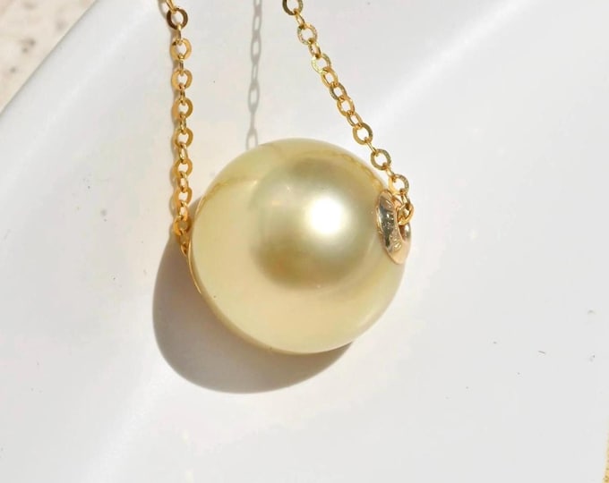 12.9mm Light Golden Pistachio South Sea Pearl Floating Necklace: Solid 18K Gold Pin-end Chain, AAA