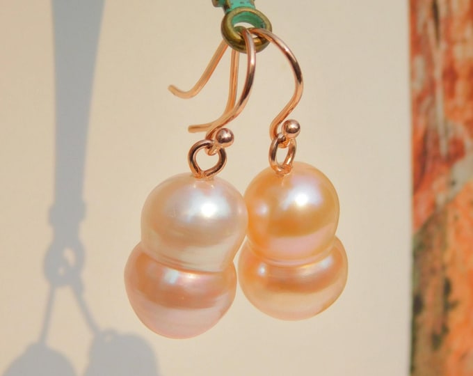 Pastel Peach/pink Twins Freshwater Pearl Earrings | AAA |  12 x 18mm | Solid 9K Rose Gold | Baroque Pearl Earrings | One of Kind
