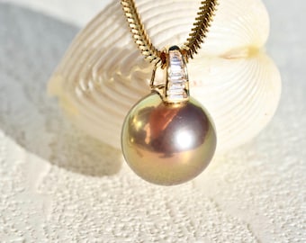 Super Metallic Pearl Pendant: Solid 18K Gold with CZ, 13.2mm, AAA+, Round, Freshwater Pearl