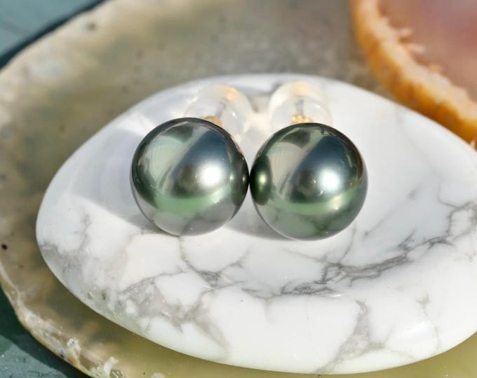 10.9mm Tahitian Pearl Studs: Deep Blue Green, AAA, Solid 18K Gold