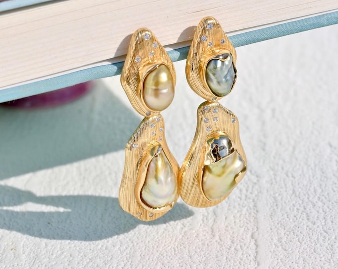 Large Golden Keshi Pearl Earrings: Vermeil, AAA, Statement Earrings