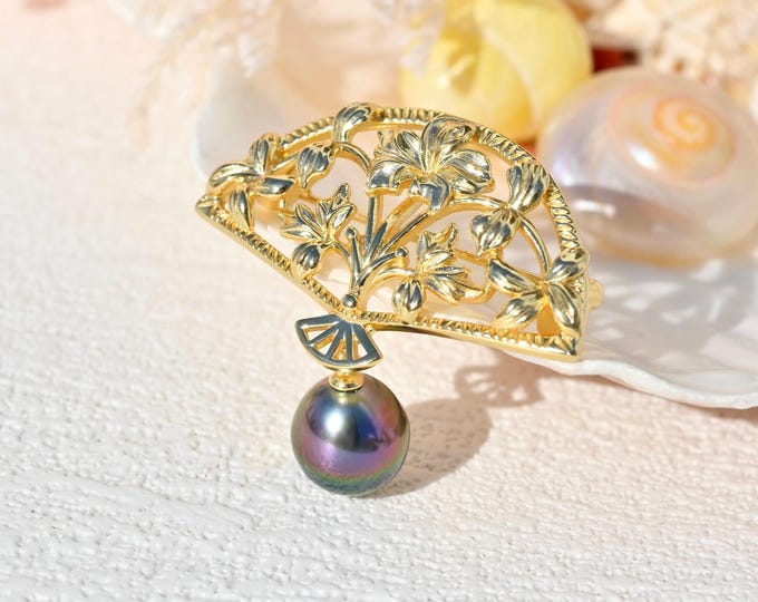 Vermeil Hand Fan Brooch with Tahitian Pearl: Ultimate Peacock, 9.4mm, AAA+