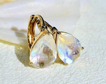 Rainbow Moonstone Hoop Earrings: Solid 14K Gold, 8mm Hoops, Pear Cut Moonstone