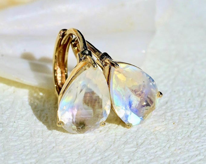 Rainbow Moonstone Hoop Earrings: Solid 14K Gold, 8mm Hoops, Pear Cut Moonstone