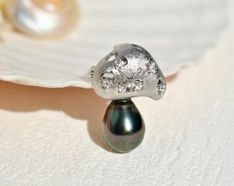 Tahitian Pearl Little Mushroom Brooch/Pendant: White Gold plated Silver, AAA, Deep Aubergine Peacock, Tahitian Pearl Pin