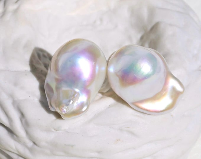 Fireball Baroque Pearl Studs: Solid 18K Gold, White, AAA+, Large Studs, 14mm*19mm, Iridescent Pearls, Statement Pearl Studs