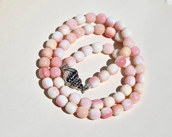 Baby Pink Queen Conch Shell Beaded Necklace: 7mm Pastel Pink, Sterling Silver Magnetic Seashell Clasp, 19.5-inch