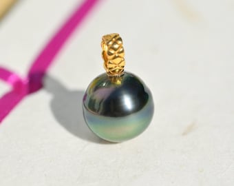 Deep Peacock Tahitian Pearl Pendant: Solid 18K Gold Bail, AAA, Top Color & Luster, Black Pearl Pendant, 11mm