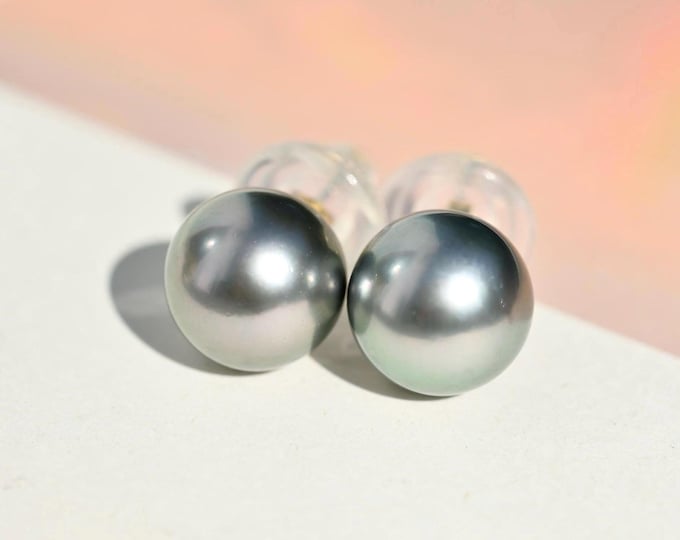 10.4mm Tahitian Pearl Studs: Silver Gray, AAA, Solid 18K Gold, Round Black Pearl Studs