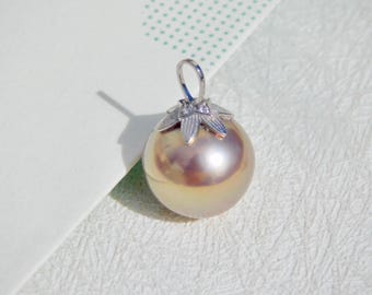 Super Metallic Pearl Pendant | Copper Mauve Pistachio | Solid 18k White Gold | Round | AAA+ | Flower Cap | 11.2mm | Freshwater Pearl Pendent