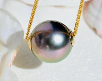 10.5mm Floating Tahitian Pearl Necklace: Solid 18K Gold Pin-End Chain, AAA Luster, Peacock Gray Green