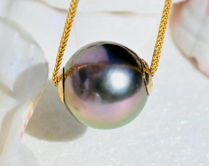 10.5mm Floating Tahitian Pearl Necklace: Solid 18K Gold Pin-End Chain, AAA Luster, Peacock Gray Green