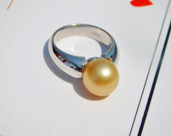 Golden South Sea Pearl Pinky Ring: 3.75 US Size, 9.4mm, AAA, Small Finger Ring, Sterling Silver
