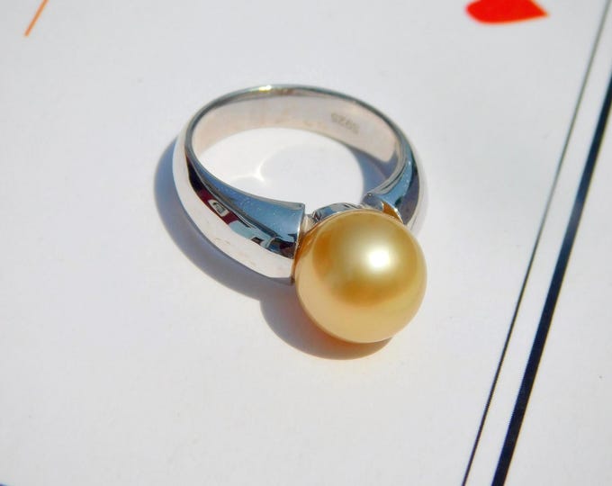 Golden South Sea Pearl Pinky Ring: 3.75 US Size, 9.4mm, AAA, Small Finger Ring, Sterling Silver