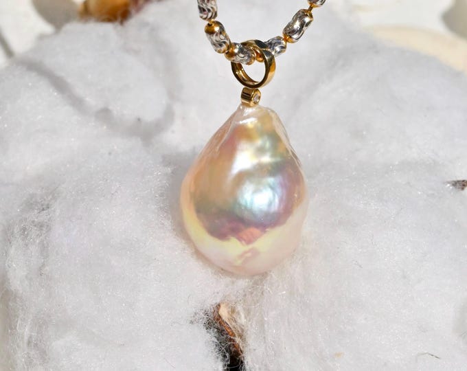 14.2mm Freshwater Kasumi-like Pearl Pendant: Solid 18K Gold, Pastel Pink Blush, AAA+, 14.2mm *20mm