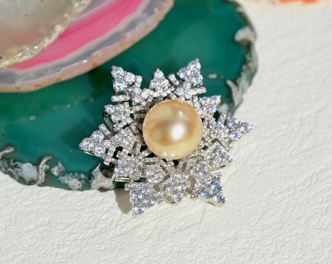 Cluster Sterling Silver Snowflake Brooch: Golden South Sea Pearl, 13.5mm, S925, CZ, Sparkly Pin, AAA