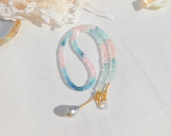 Aquamarine and Morganite with Tahitian Pearl Necklace | 11.7mm | Solid 18kt Gold | Saltwater Pearl | AAA | Gemstone and Pearl | Y Necklace