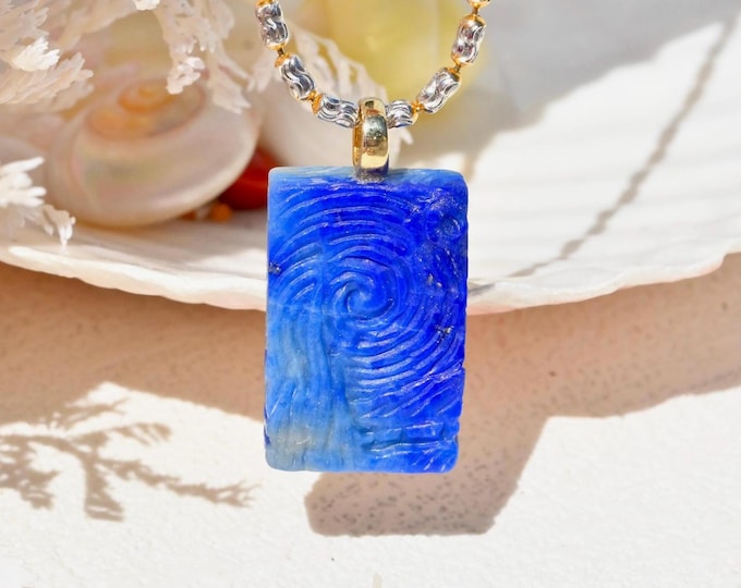 Lapis Lazuli Starry Night Pendant: Solid 18K Gold Bail, Hand-carved Vincent van Gogh, Blue, Rectangle