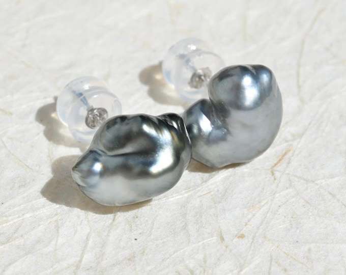 9*12mm Gray Tahitian Keshi Pearl Studs: Solid 18K White Gold, AAA, Large Baroque Black Keshi Pearls
