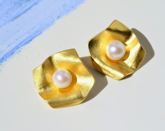 Sculptural Paper Fold Pearl Earrings: Gold Vermeil Statement Studs, Freshwater Pearls, 26mm Gold Plated Sterling Silver