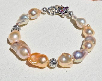Large Baroque Freshwater Pearl Bracelet: Sterling Silver Findings, Colorful Statement Bracelet, 7.25 - 7.5 Inch Wrist