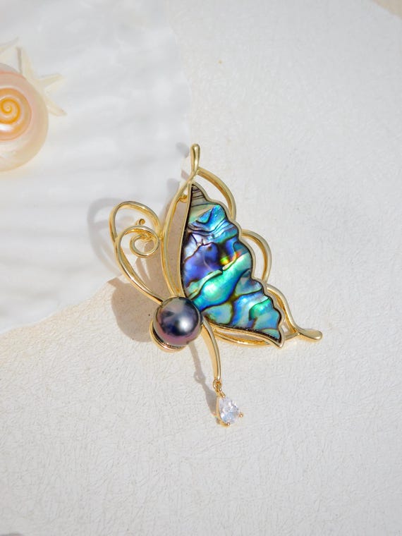 Abalone Shell Butterfly Brooch | Tahitian Pearl | 9.3mm  display picture 1