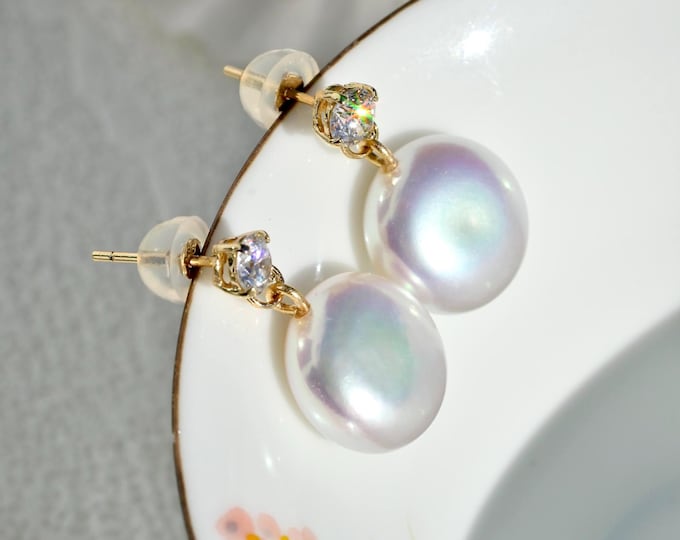 12.3mm Coin Pearl Earrings: Solid 14/18K Cubic Zirconia, White with Rainbow Overtone, AAA+