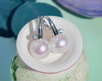 11.7mm Pearl Latch Back Earrings | AAA+ | Freshwater Pearl Earrings |  White with Strong Pink | White Gold Plated Silver | Hoop Earrings