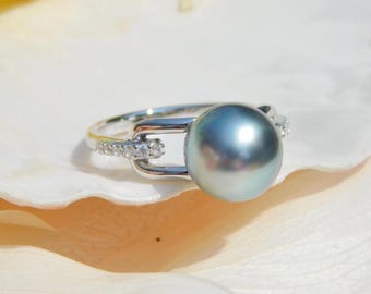 9.9mm Gray Blue Tahitian Pearl Ring: White Gold Plated Silver, US 6.5 Size, AAA