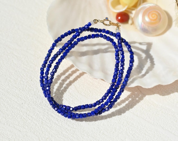 Lapis Lazuli Necklace: Solid 18k Gold Faceted Bead Necklace, Blue, 18.75 inch